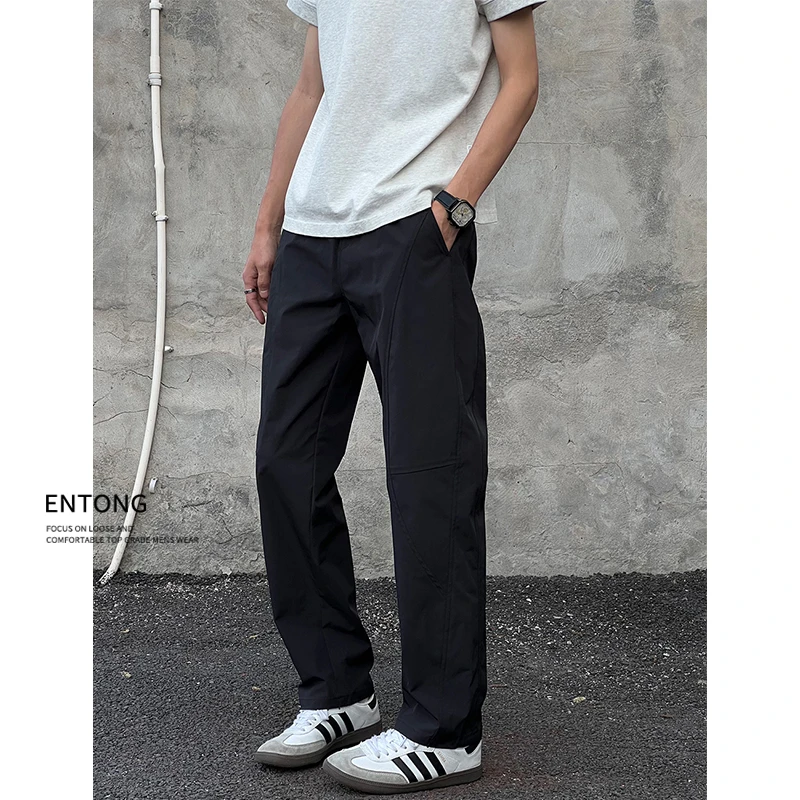 Entong美式高街夏季速干薄款休闲裤男斜切潮流宽松直筒百搭长裤子