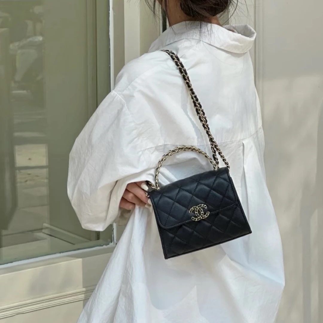 99新 Chanel/香奈儿 kelly中号黑色牛皮单肩包 芯片款淡金50310