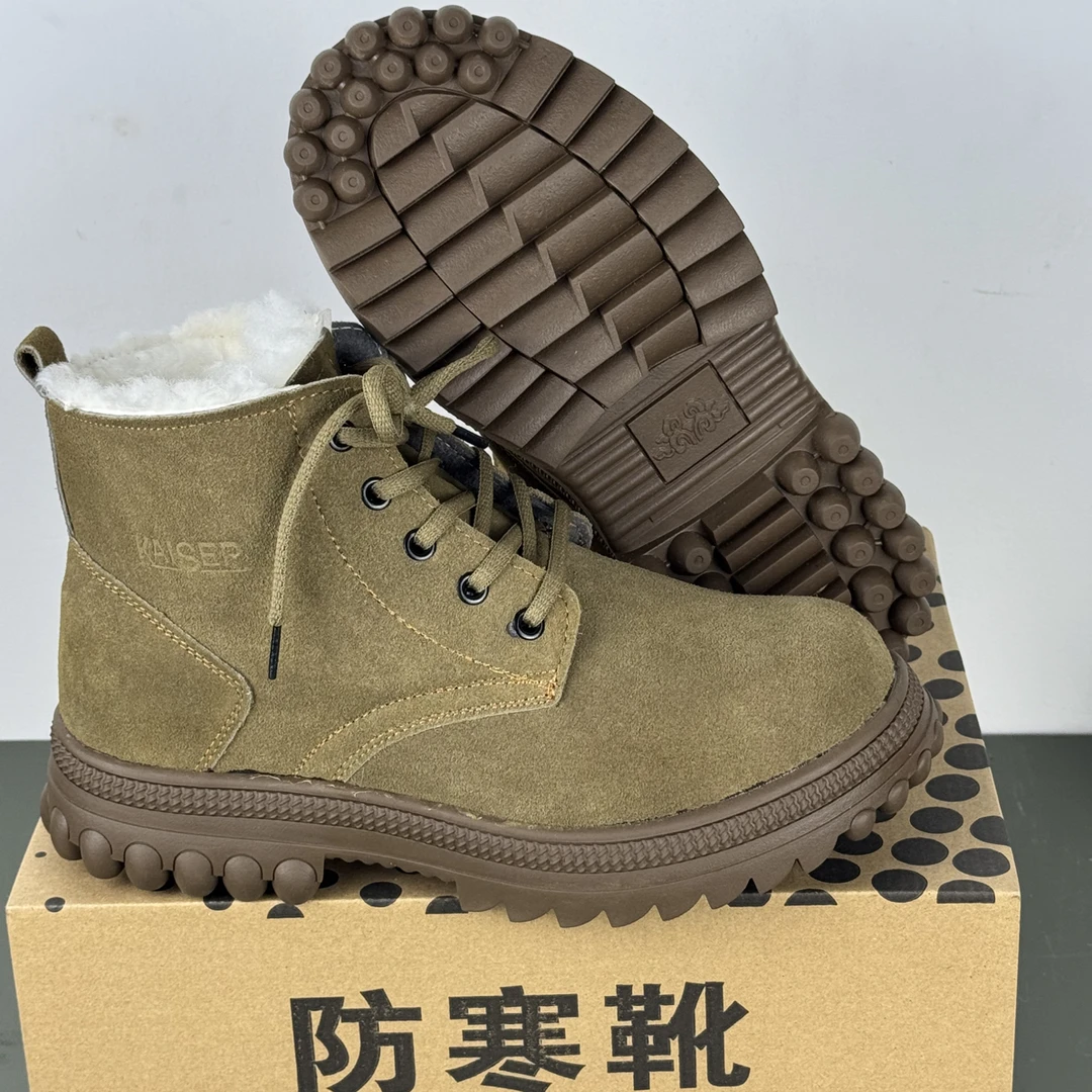 皮毛一体羊毛牛皮鞋面男士高帮加棉劳保鞋舒适耐穿适合冬季工作