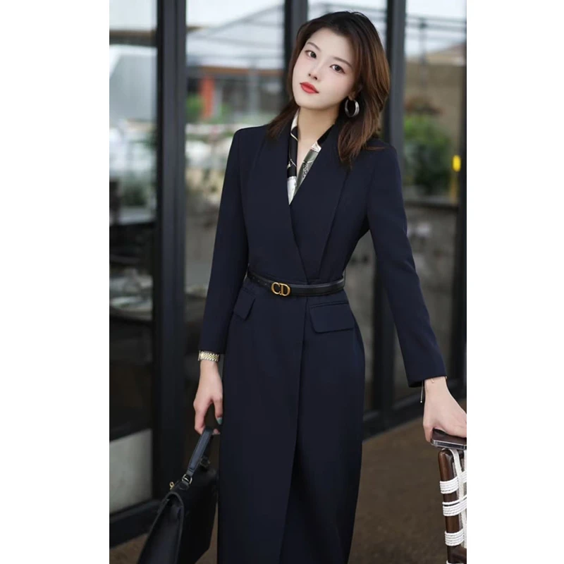 藏青色连衣裙女2025秋季新款时尚气质通勤韩系百搭收腰显瘦西装裙