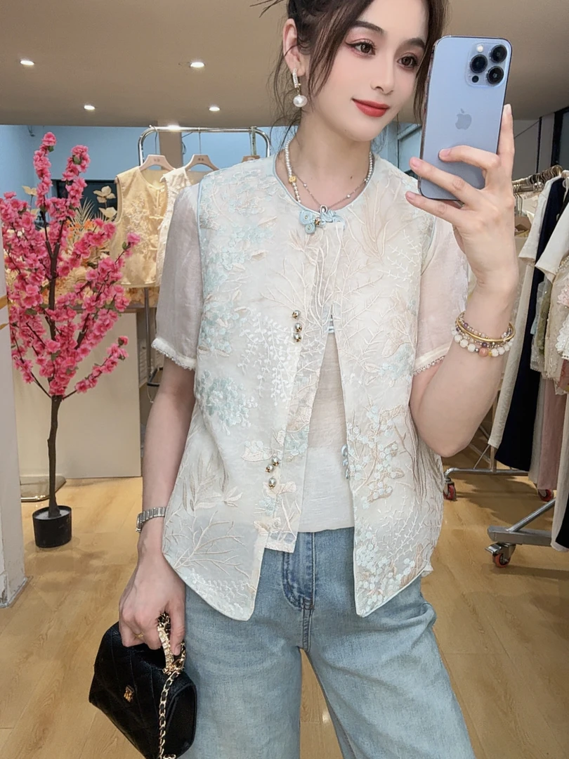 【风絮】2025夏季新款新中式马甲女宽松圆领薄款马夹刺绣