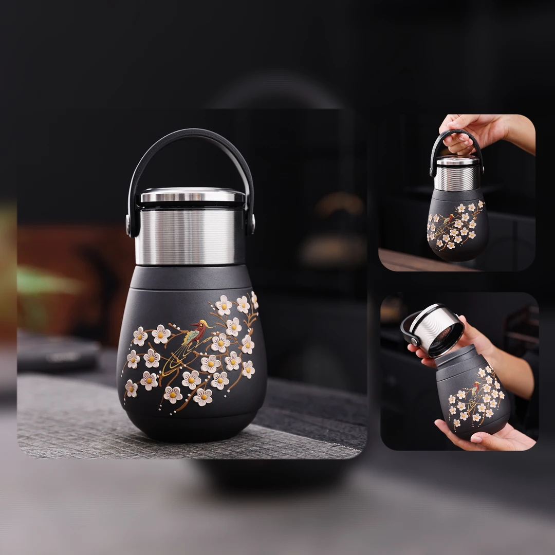 紫砂石黄泥料手提盖泥绘高档泡茶水杯感温变色随身车载便携旅行杯