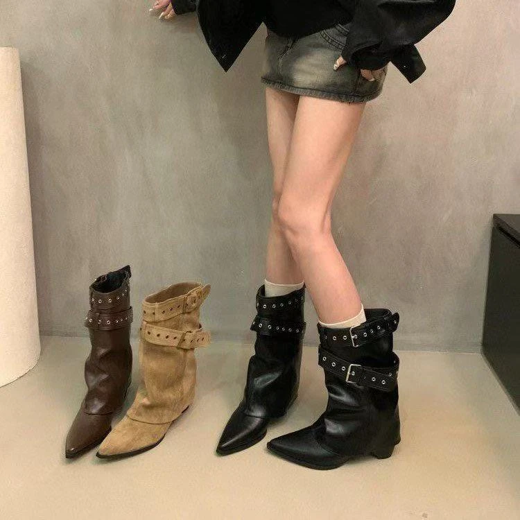 美式辣妹皮带扣裤管靴短筒靴女靴2025早秋新款小众设计短靴西部靴