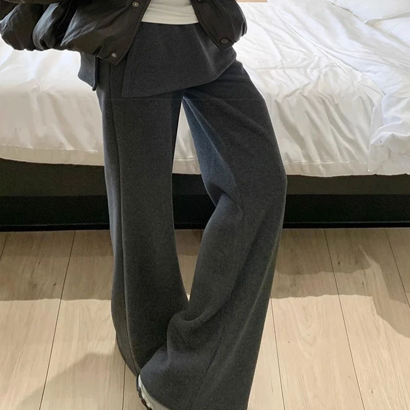 秋冬季加绒加厚微喇休闲拖地长裤女假两件高腰显瘦黑色屁帘设计感