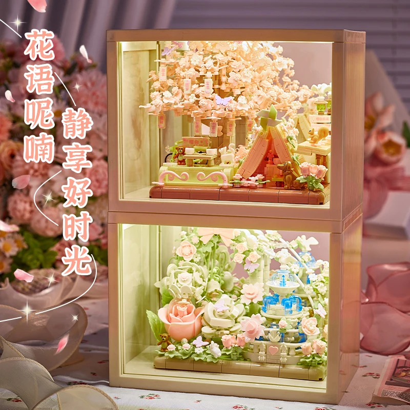 樱花树屋喷泉拼装积木拼搭微缩场景女生生日礼物手工花diy小颗粒