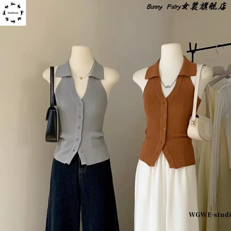 老钱风气质polo领针织无袖背心女夏外穿修身绝美漂亮挂颈无袖上衣