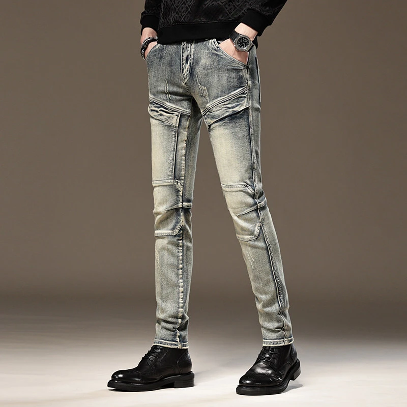 【臣吾】潮流男士秋冬新款怀旧复古牛仔裤修身小脚弹力潮牌欧货长裤