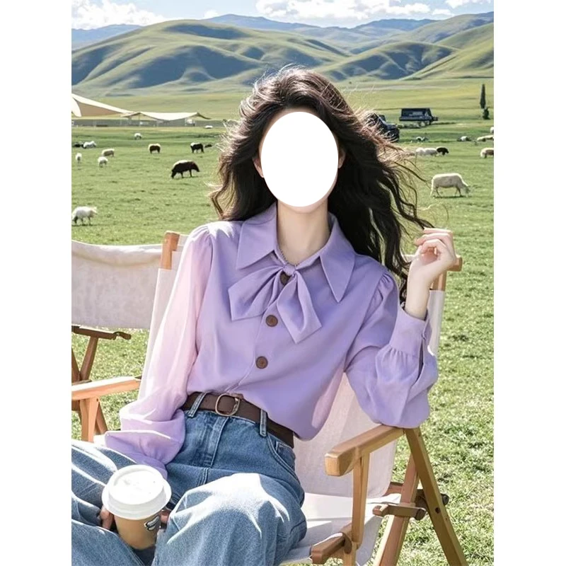 今年流行爆款独特超好看紫色领结长袖衬衫女2025春季新款时髦上衣