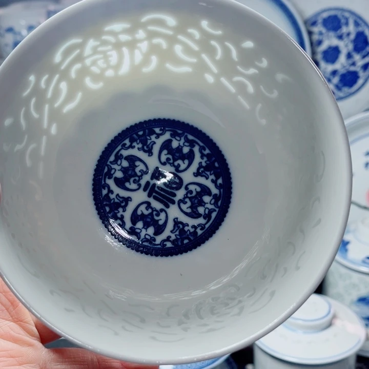 青花玲珑5寸饭碗满雕满福