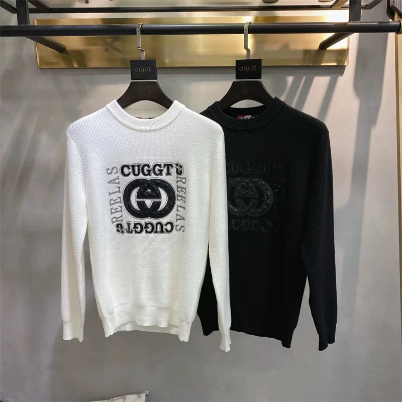 春秋欧货潮牌时尚圆领长袖卫衣男修身百搭印花烫钻打底衫男