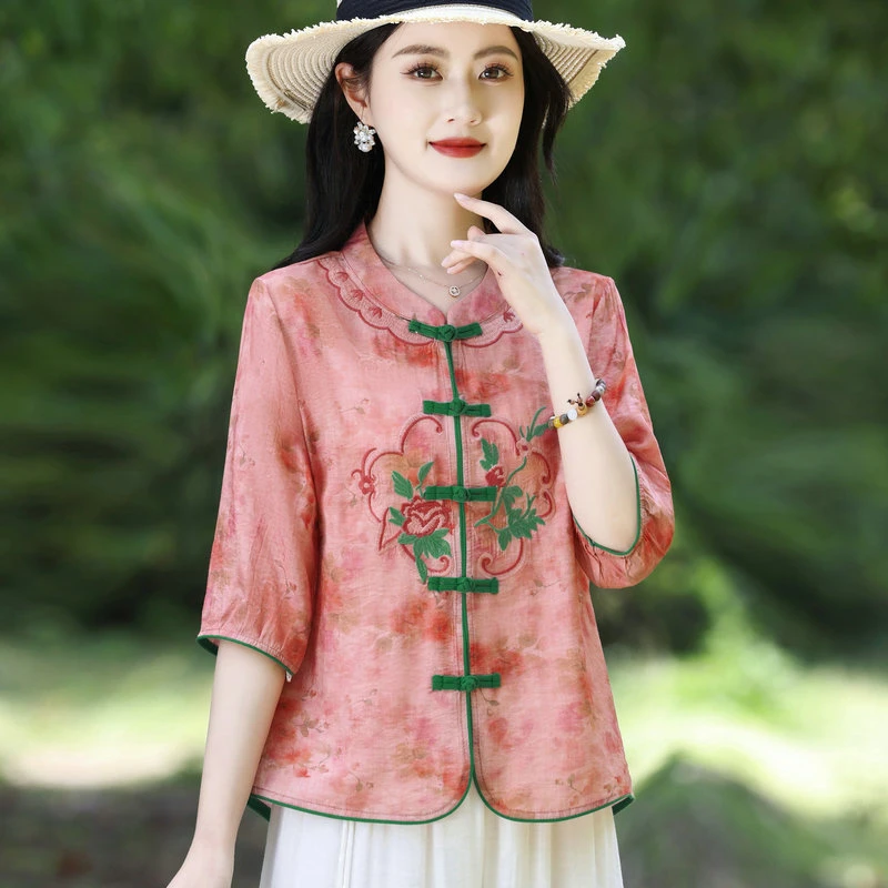 中式国风印花立领盘扣上衣女2025夏季新款五分袖苎麻刺绣提花衬衫