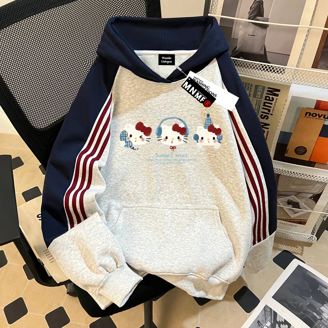 秋冬2025新款女童三条杠连帽卫衣卡通可爱凯蒂猫中大童韩版上衣服