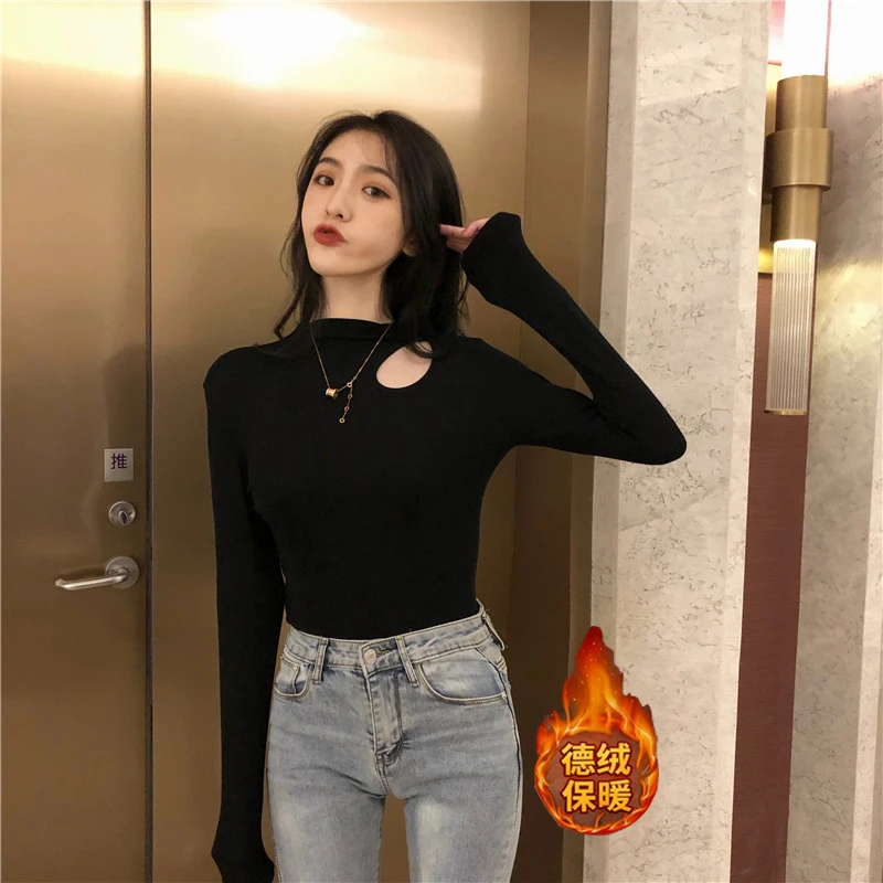 德绒半高领打底衫女秋冬洋气内搭修身小心机上衣露锁骨长袖T恤ins