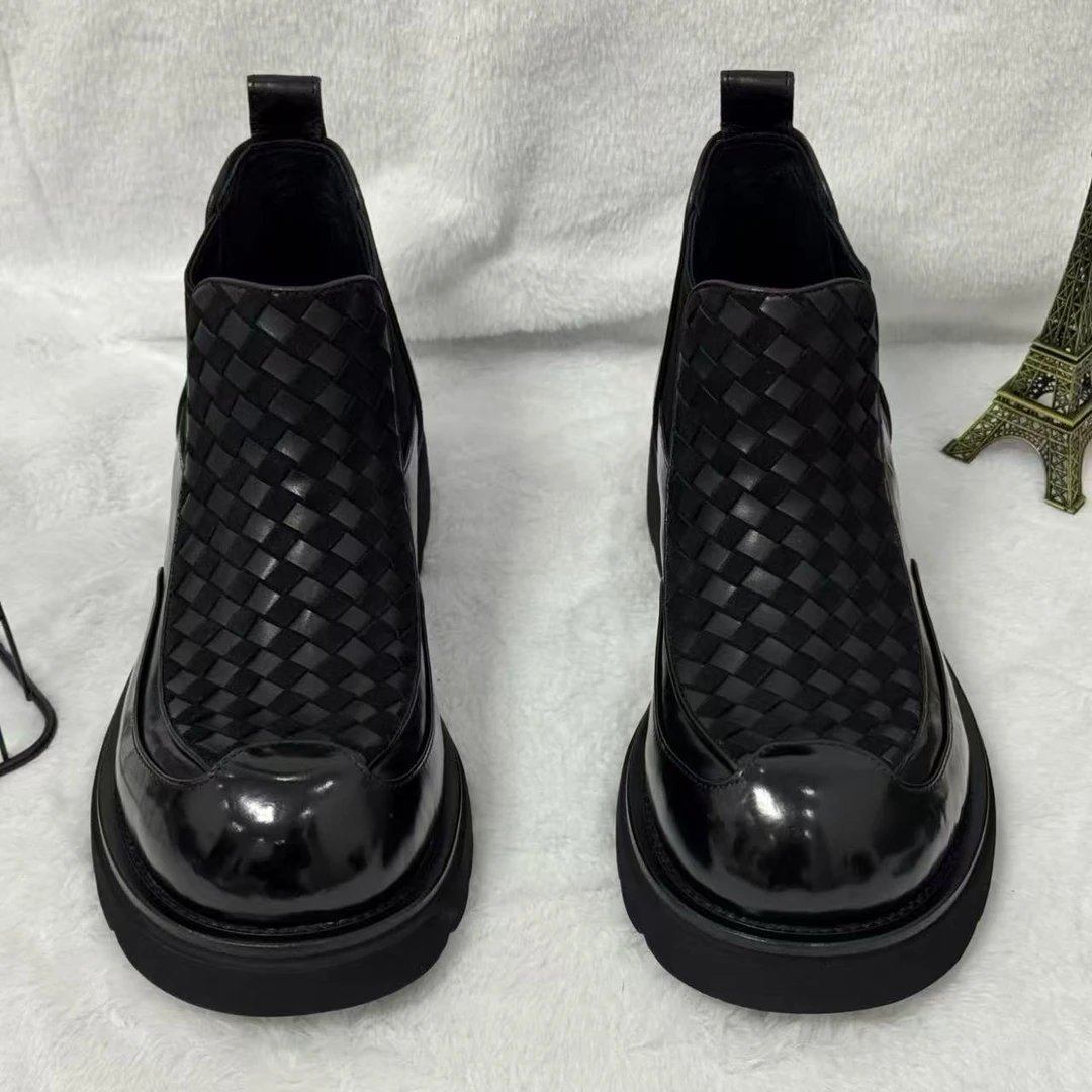 D99男士商务休闲切尔西靴编织时尚潮流厚底百搭舒适复古马丁靴男