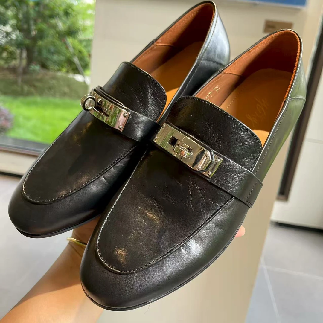 休闲风中口平底舒适一脚蹬乐福鞋马衔扣复古豆豆鞋