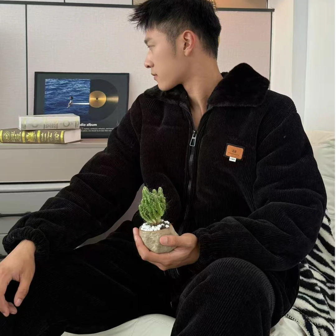 【0233拉链款】保暖加厚雪尼尔翻领家居服套装男款睡衣冬季毛领字母