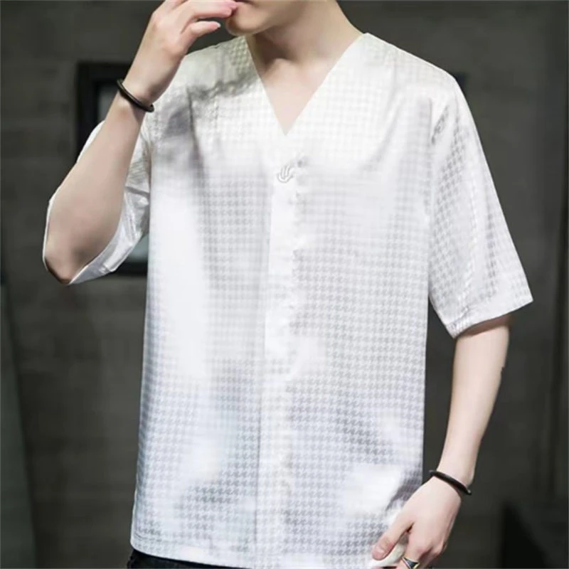 25B7D1中国风薄款冰丝提花体恤中式休闲复古V领唐装半袖短袖上衣