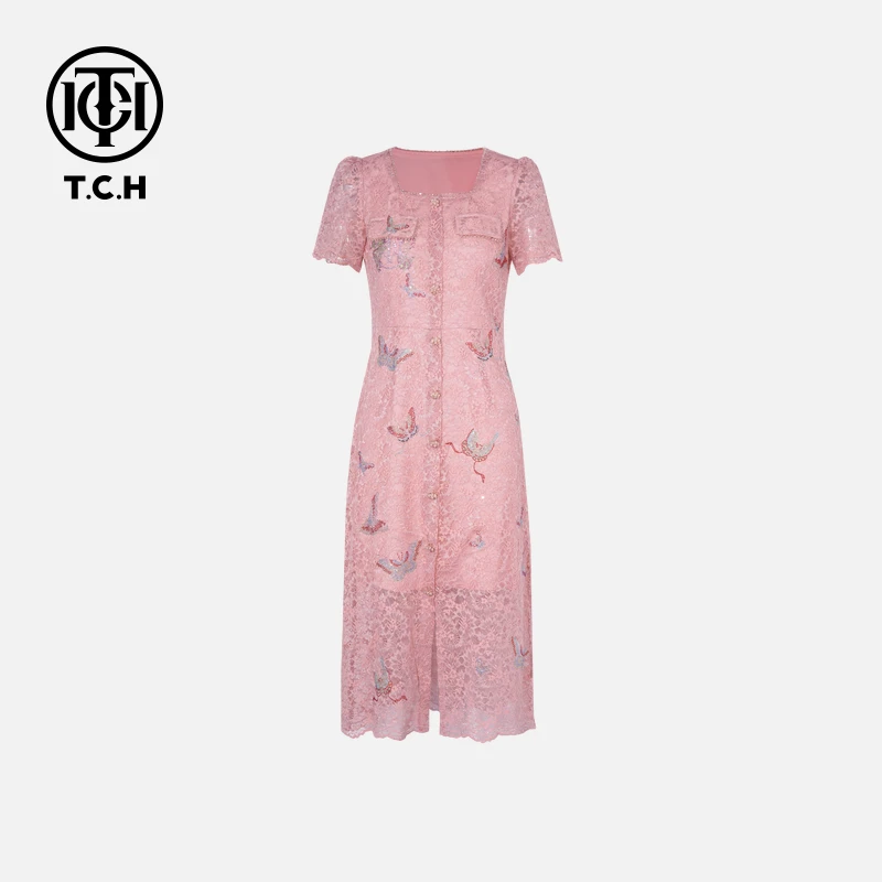 TCH轻奢烫钻工艺时尚休闲百搭气质连衣裙女T75B30E1046私服tch