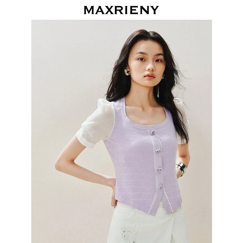 MAXRIENY玫瑰印花夏季白色修身假两件百搭针织短袖薄款短款