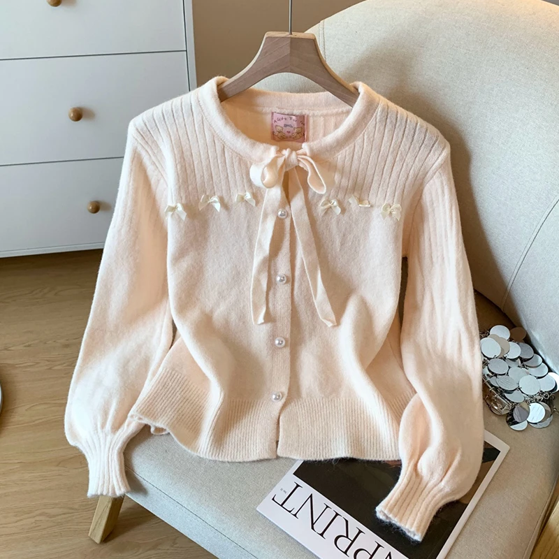 法式蝴蝶结系带针织开衫女2025年秋季新款小香风别致毛衣外套上衣