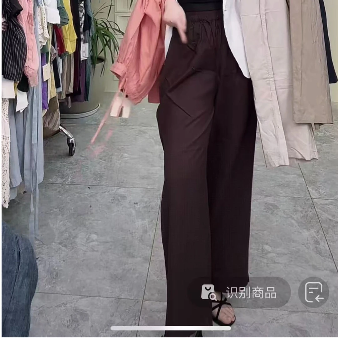 （咖啡）净版砂洗亚麻松紧腰抽绳大阔腿长裤女CG   20251
