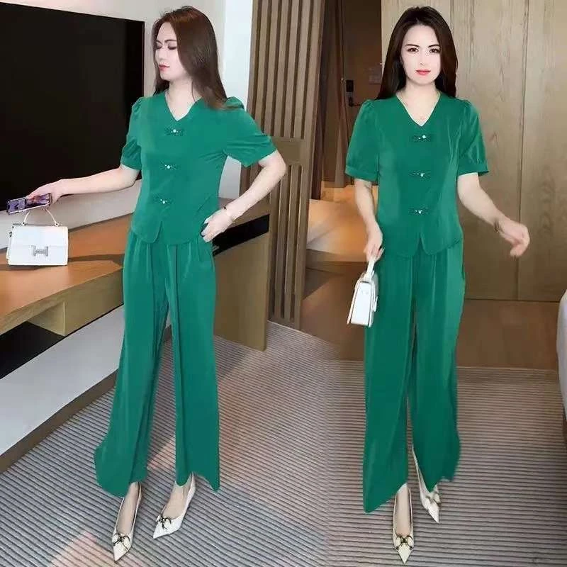 新中式时尚优美套装女2025夏季新款洋气显瘦盘扣短袖阔腿裤两件套