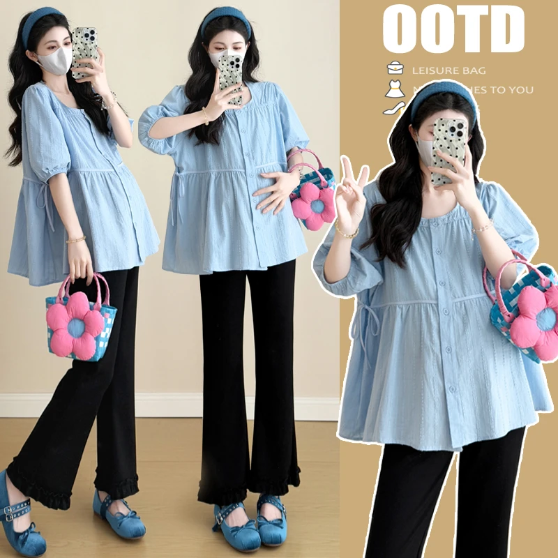 孕妇装夏装2025新款孕妇装夏季新款镂空娃娃衫时尚遮肚孕妇连衣裙