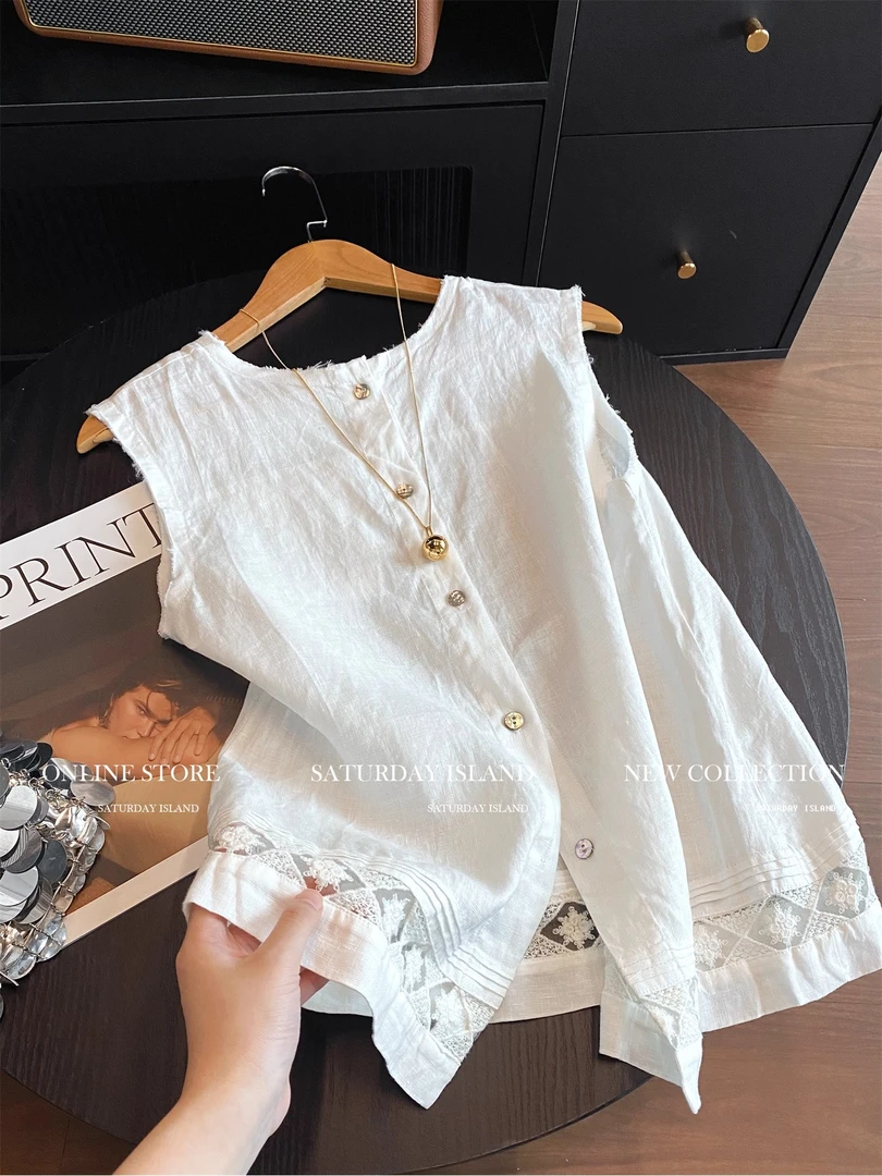 松弛感老钱风设计感刺绣圆领纽扣背心衬衫女2025夏季时尚文艺上衣