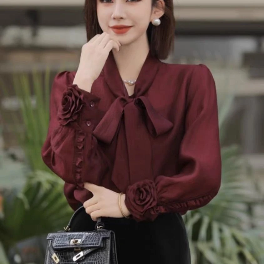 七彩香袖设计感时尚百搭系领带衬衫减龄小衫2025春季新款花朵袖潮