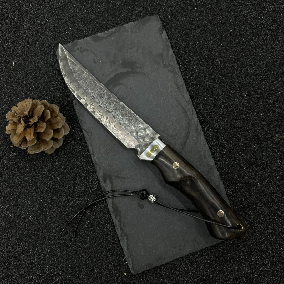 【暗影】收藏级紫光檀手柄高层次锻造大马士革水果刀户外刀锋利锤纹