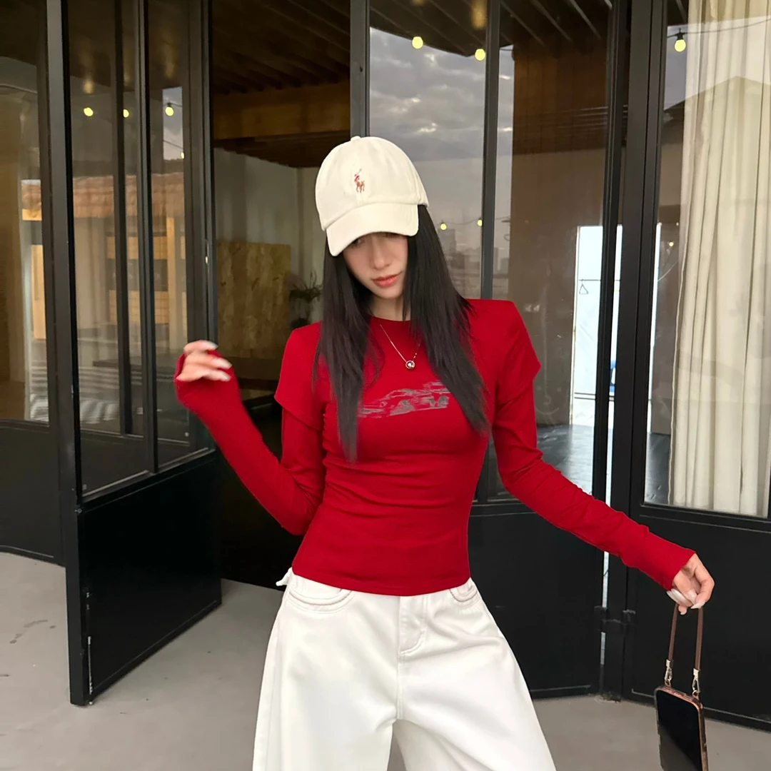 唐火火【风轨印白】冬季磨毛圆领假两件百搭T恤女修身显瘦上衣