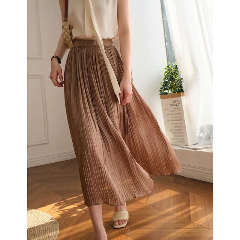 新款纯色高腰a字赫本风气质宽松显瘦百褶裙过膝半身裙0073