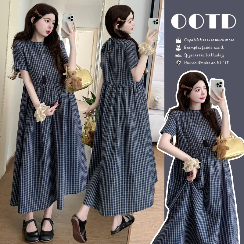 2025夏季新款孕妇装中长款裙子格子显瘦韩版大码孕期穿搭辣妈爆款