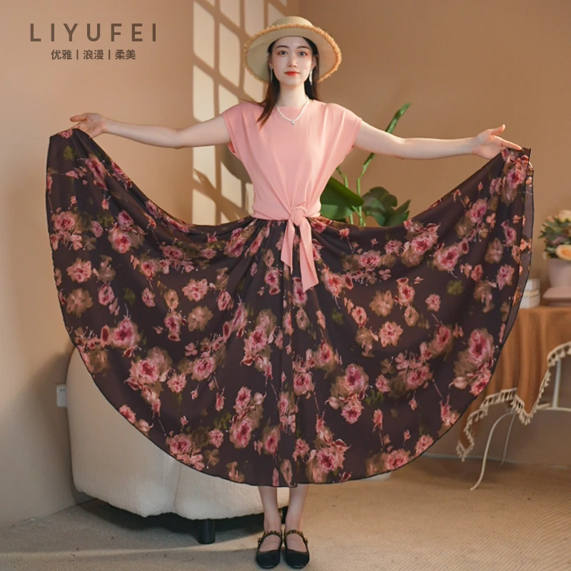 【一裙三穿】豆沙玫瑰印花半身裙春夏2025新款大摆显瘦a字半身长裙