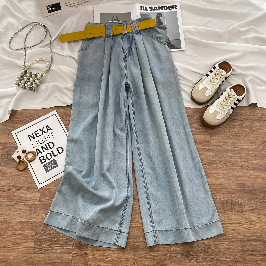 浅蓝色天丝阔腿牛仔裤女秋季薄款2025年高腰显瘦宽松垂感直筒裤子