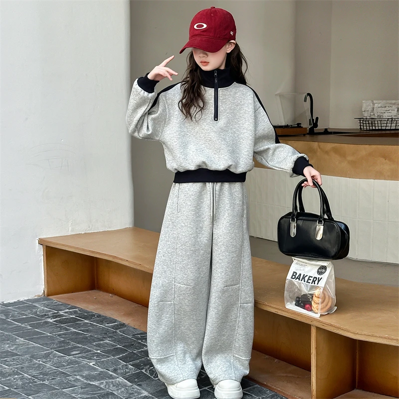 女童春秋款休闲立领卫衣套装2025新款中大童洋气时髦儿童运动秋装