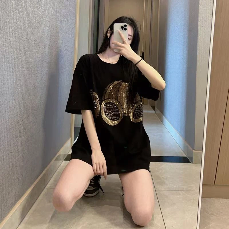 重工潮牌短袖T恤黑色断头公仔小熊烫钻男女同款宽松大码半袖上衣