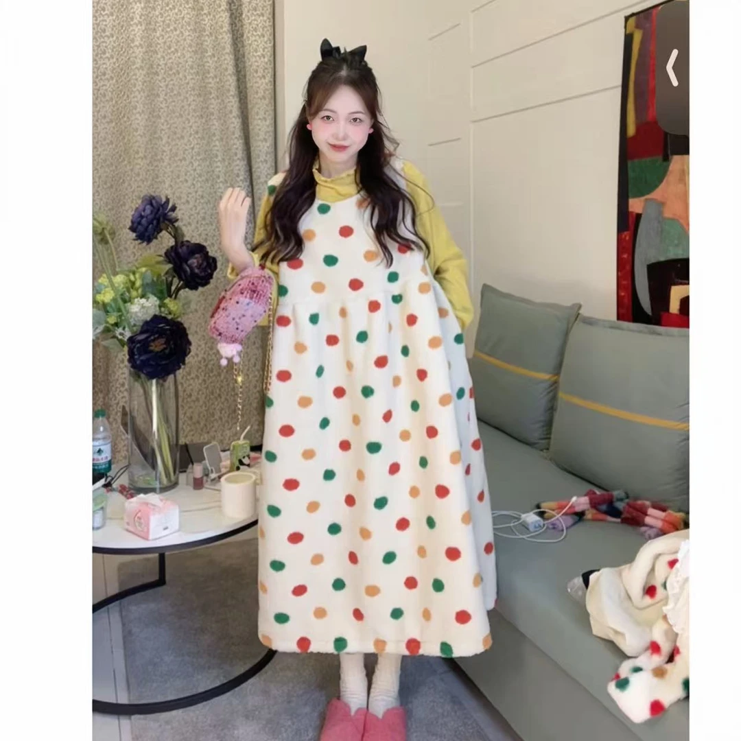 燃冉【韩版裙子】韩系甜美长款宽松ins风波点连衣裙时尚无袖连衣裙