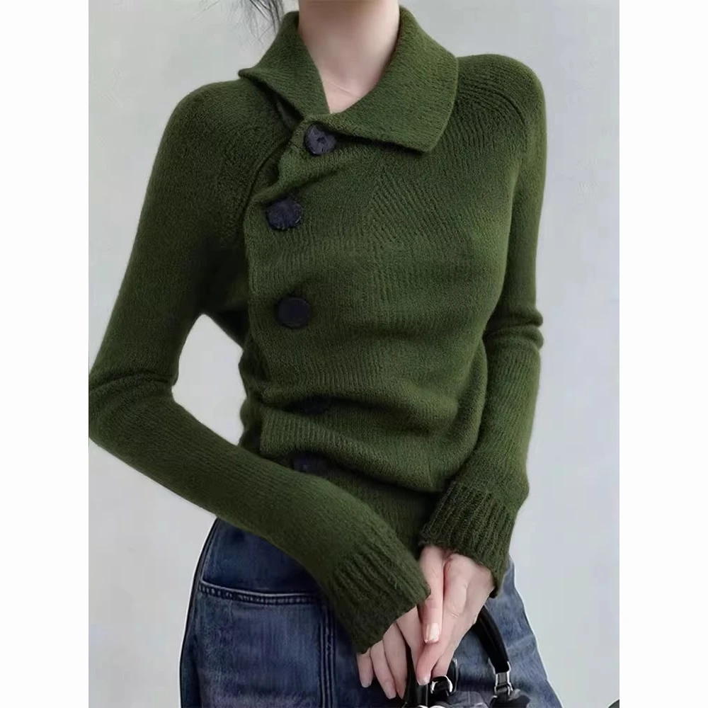 秋冬季复古绿色斜扣翻领毛衣针织打底衫女内搭巨好看显瘦长袖上衣
