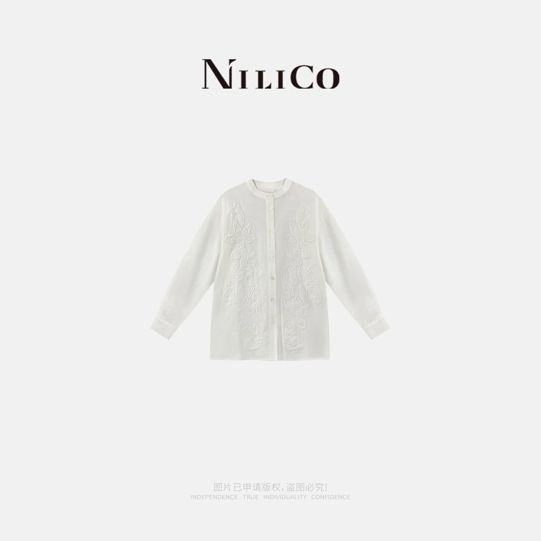 NILICO【改良精致】春季高端亚麻轻奢感白色刺绣提花长袖衬衫