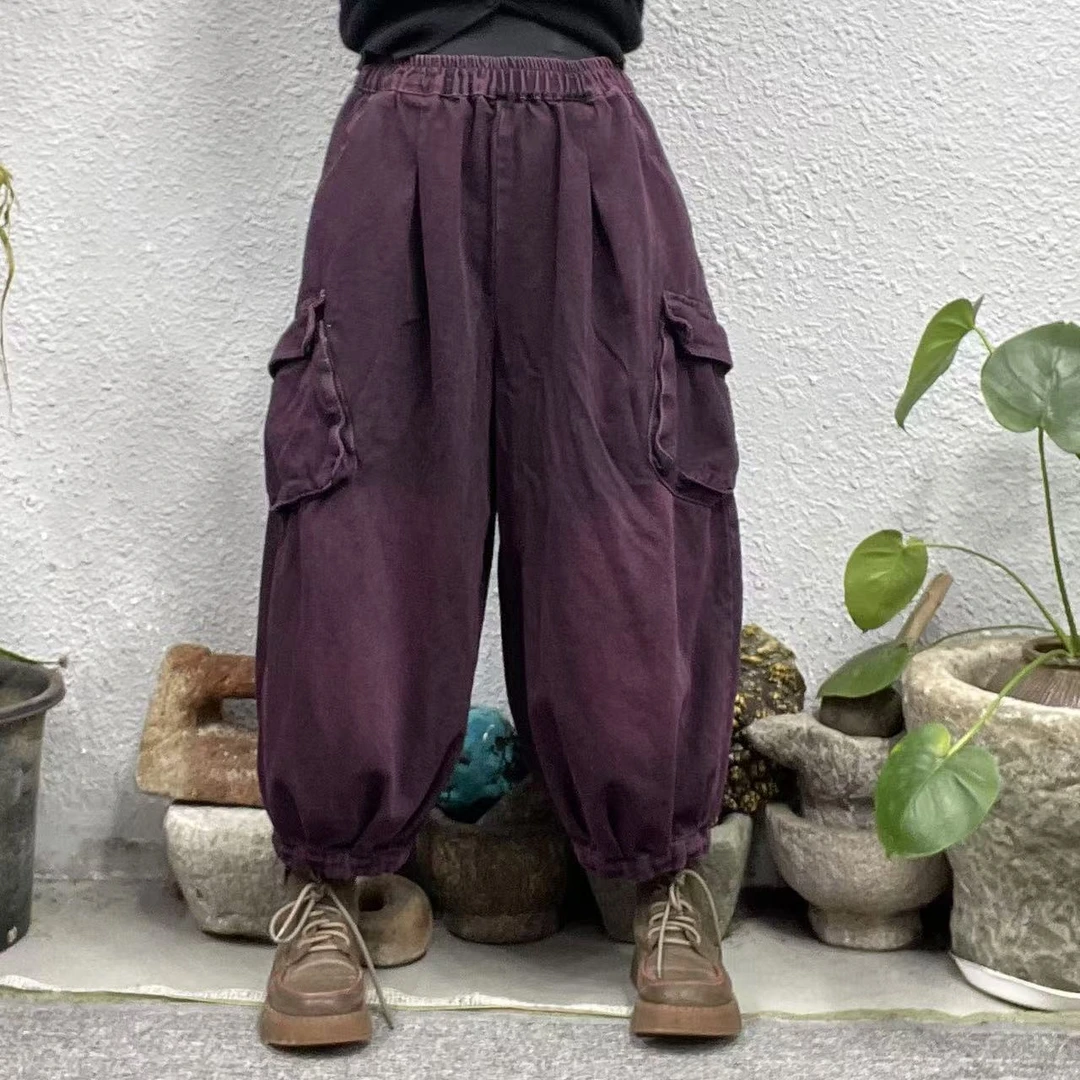 8860-1春紫红两侧口袋加盖内抽绳炒色牛仔裤（长82臀围140脚口40