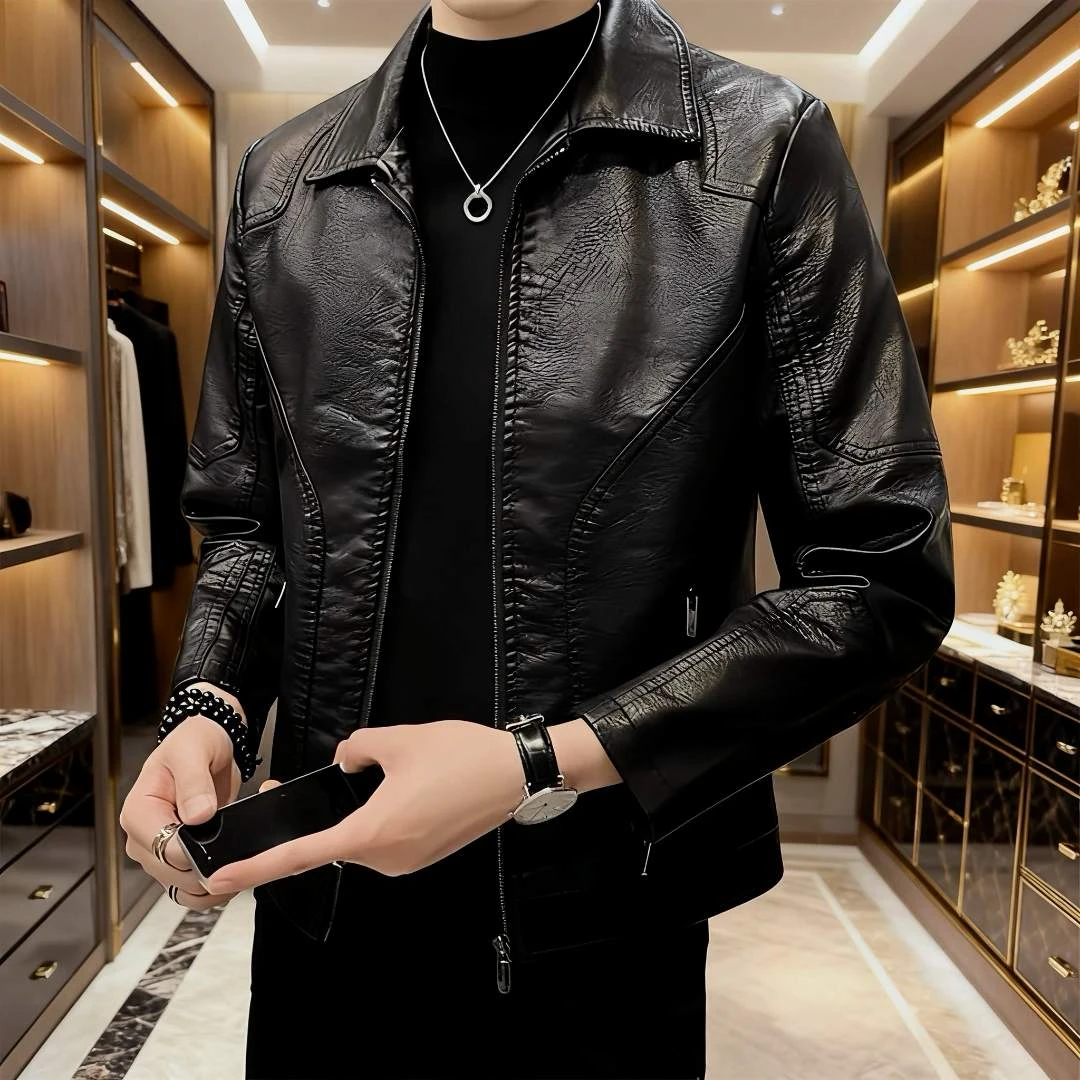高档痞帅休闲软皮皮衣男士潮牌机车服外套春秋冬加绒百搭皮夹克