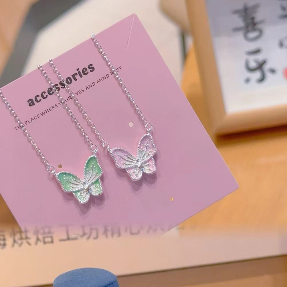 坠链均925银 纯银s925粉色白色蝴蝶套链银色