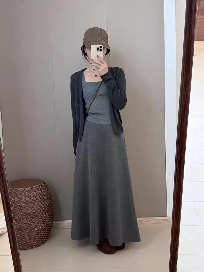 慵懒风松弛感时尚套装简约吊带背心针织开衫女装秋季半身裙三件套