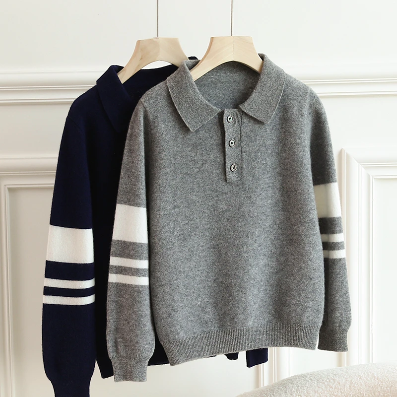 秋冬季男童POLO领半系扣100%纯羊毛衫拼色针织打底毛衣儿童打底衫