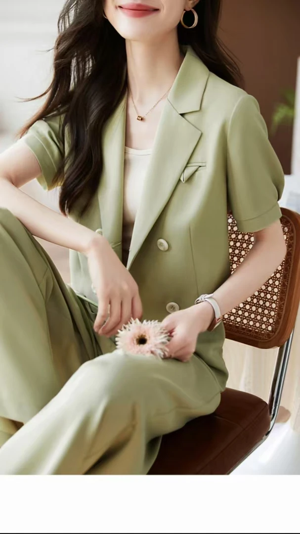 0729夏款2025时尚简约通勤质感短款小西装阔腿裤百搭套装A024