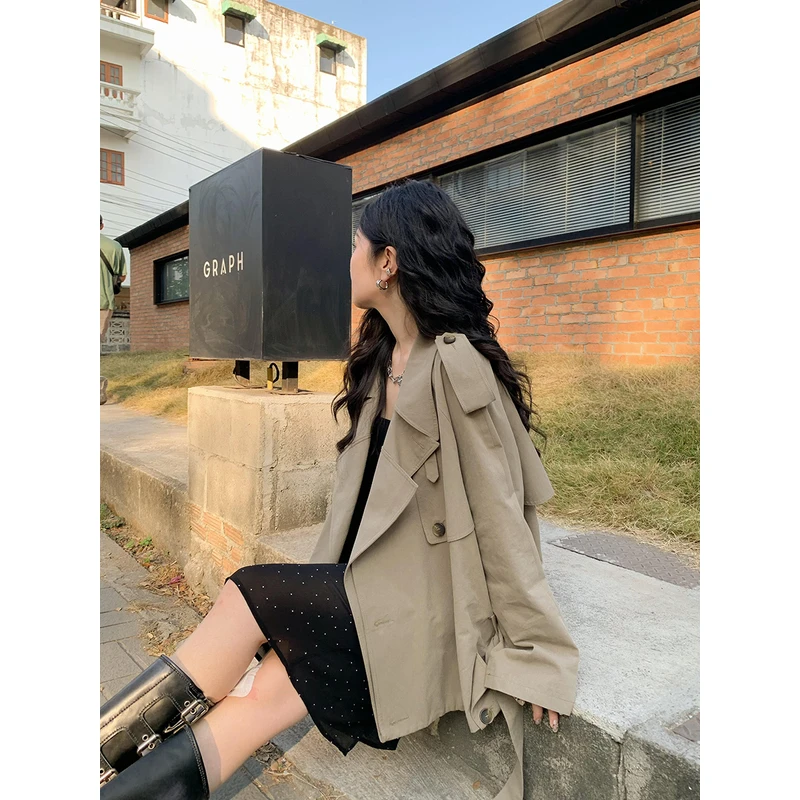 任小艺春季卡其色短款韩版风衣外套女小个子oversize薄款夹克上衣