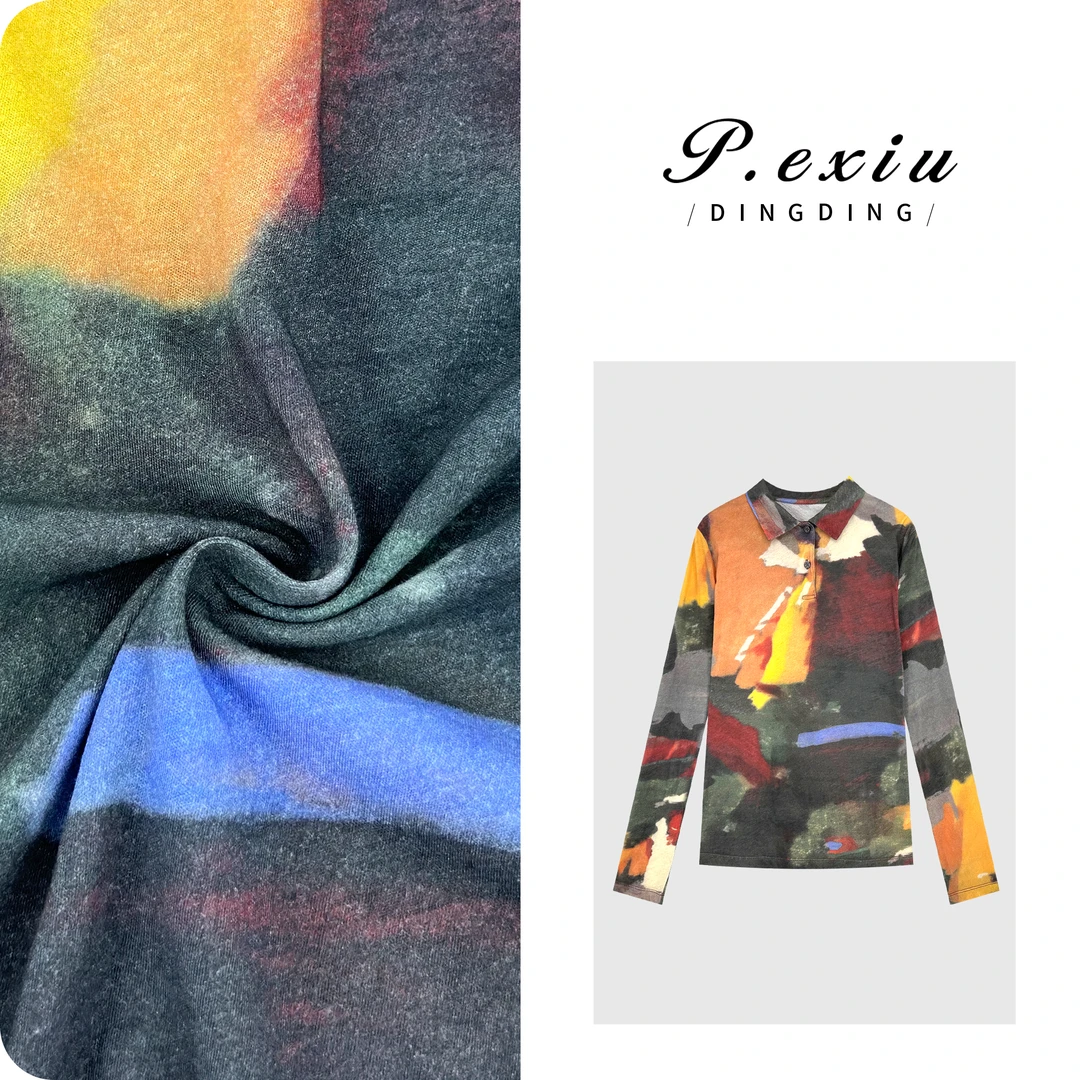 设计感晕染印花修身显瘦Polo领打底T恤 W-63429