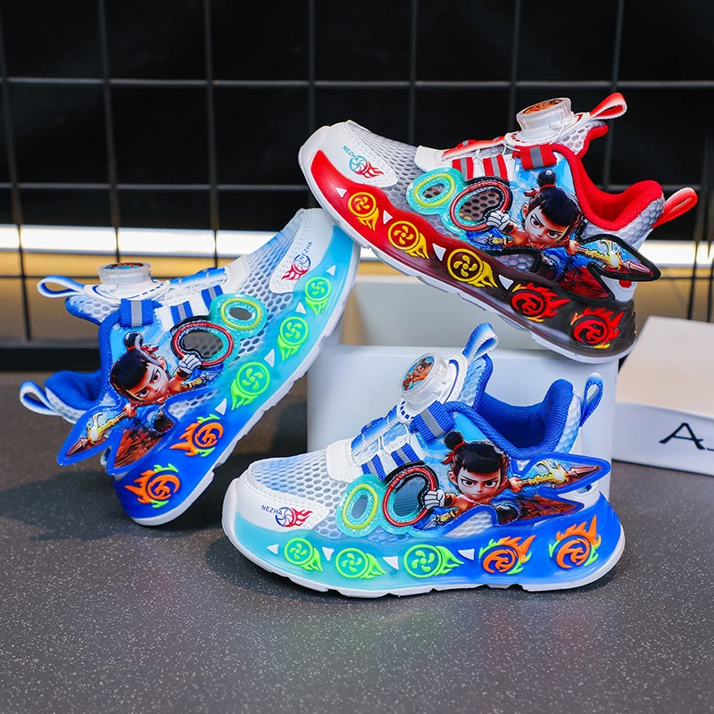 哪吒儿童运动鞋夏季新款小童镂空单网旋转扭扣男童透气休闲跑步鞋