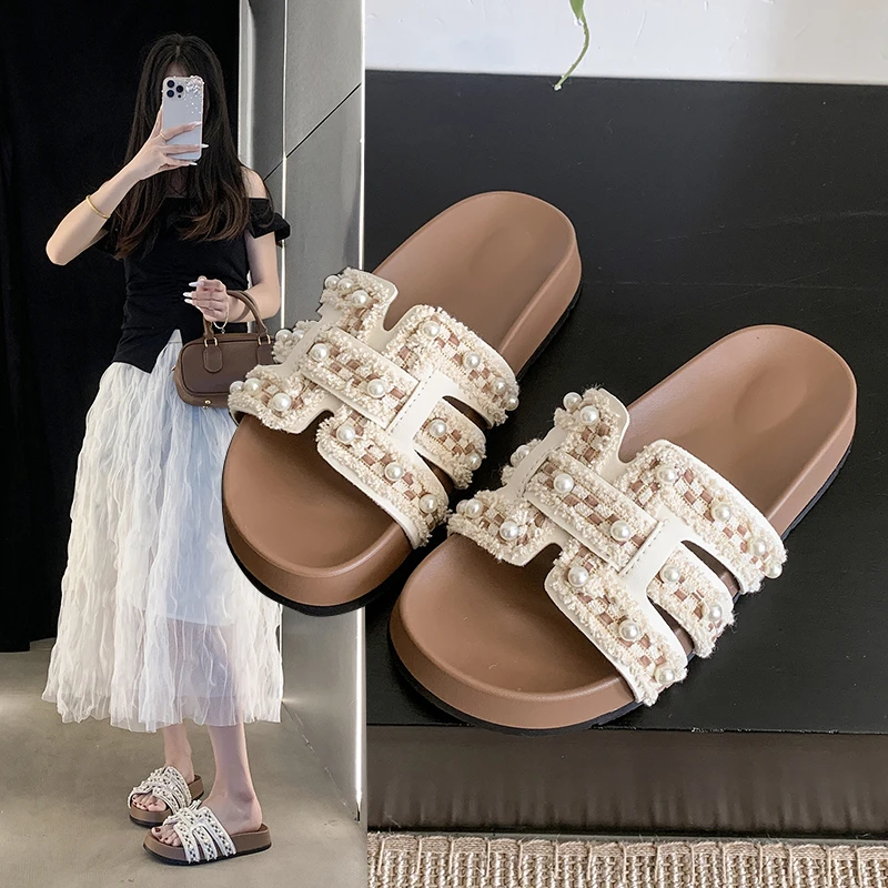 珍珠度假风小香风平底拖鞋女2025年夏季新款软底仙女风沙滩凉拖